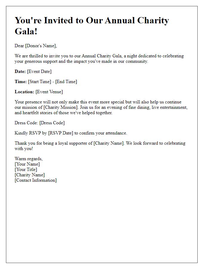 Letter template of Annual Charity Gala Invitation for Loyal Donors