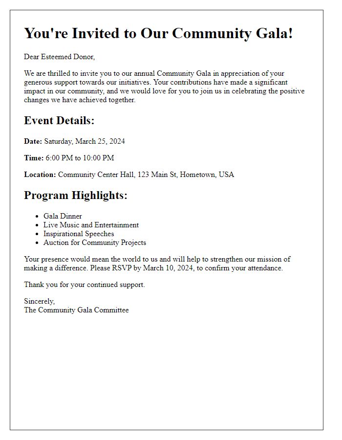 Letter template of Community Gala Invitation for Our Beloved Donors