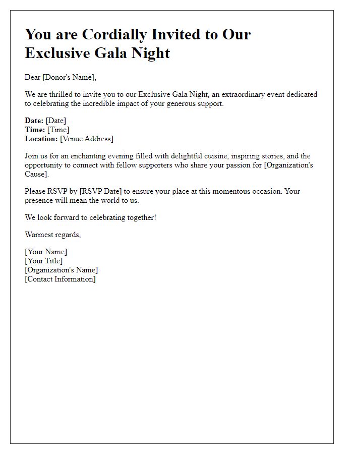 Letter template of Exclusive Gala Night Invitation for Supportive Donors