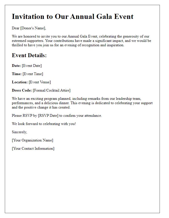 Letter template of Gala Event Invitation for Honored Donors