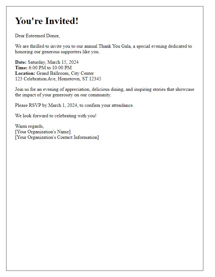 Letter template of Thank You Gala Invitation for Our Esteemed Donors