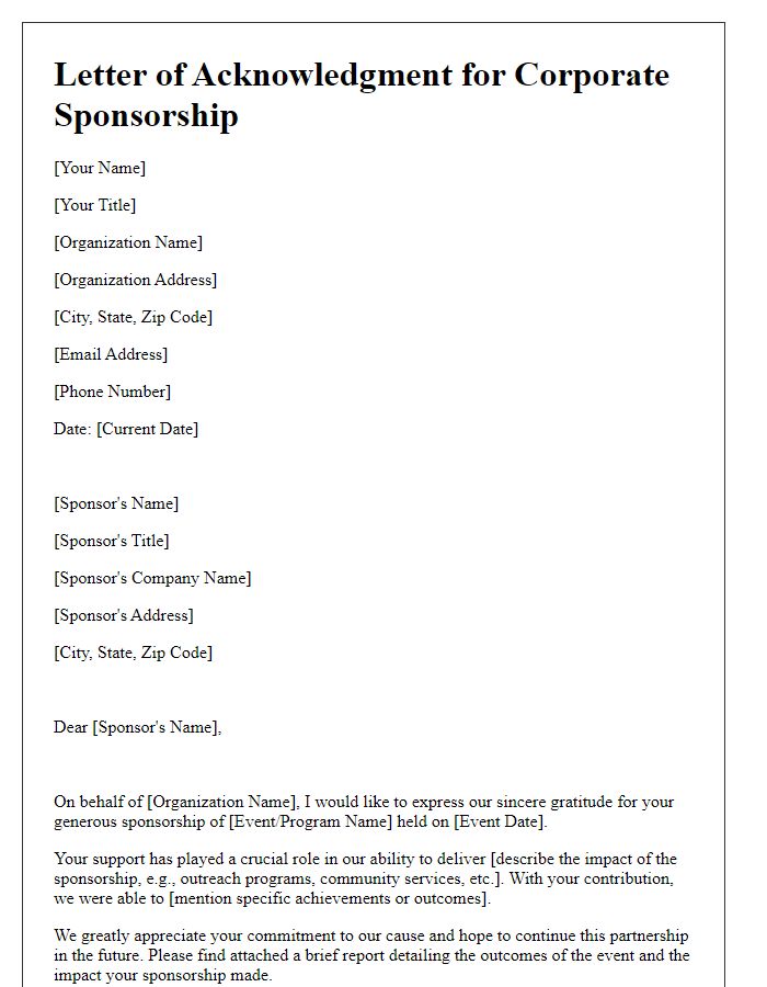 Letter template of acknowledgment for corporate sponsorship