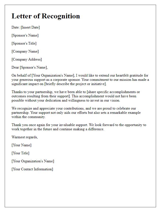 Letter template of recognition to our corporate sponsors