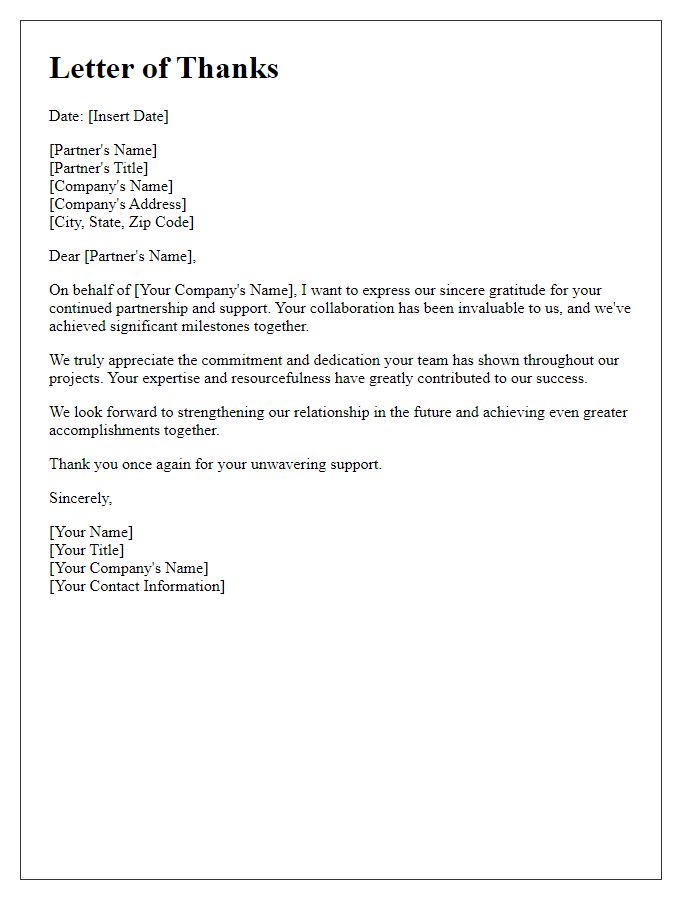 Letter template of sincere thanks to corporate partners