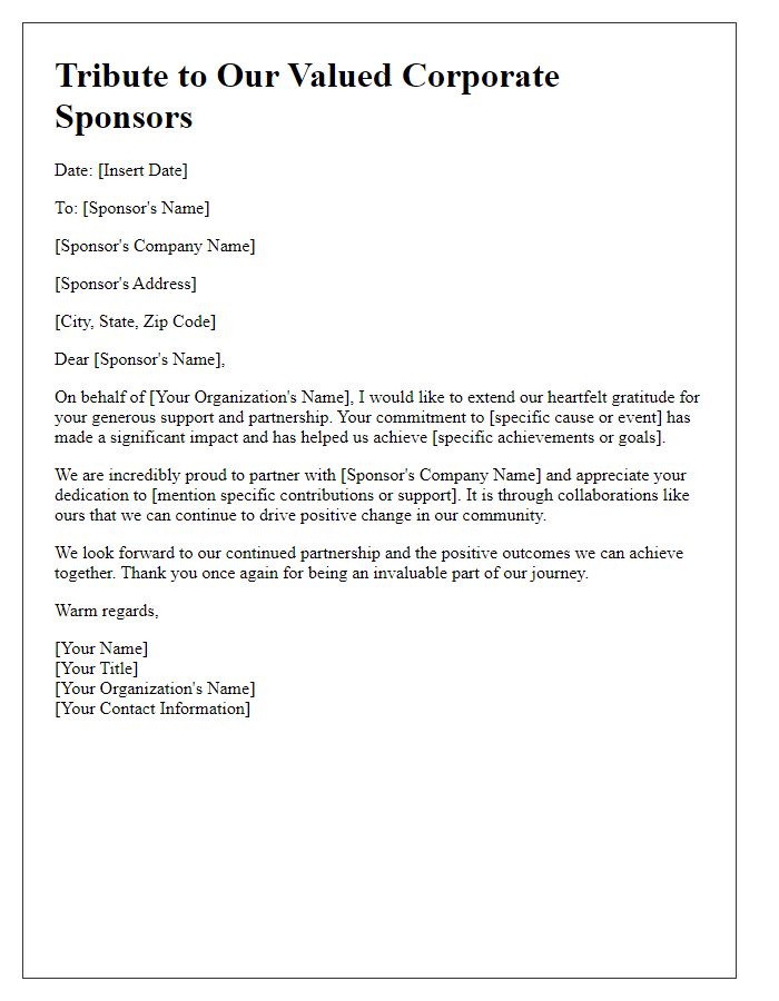 Letter template of tribute to corporate sponsors