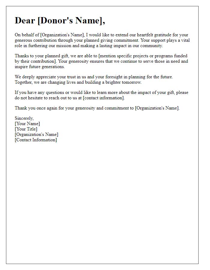 Letter template of planned giving appreciation for generous contribution