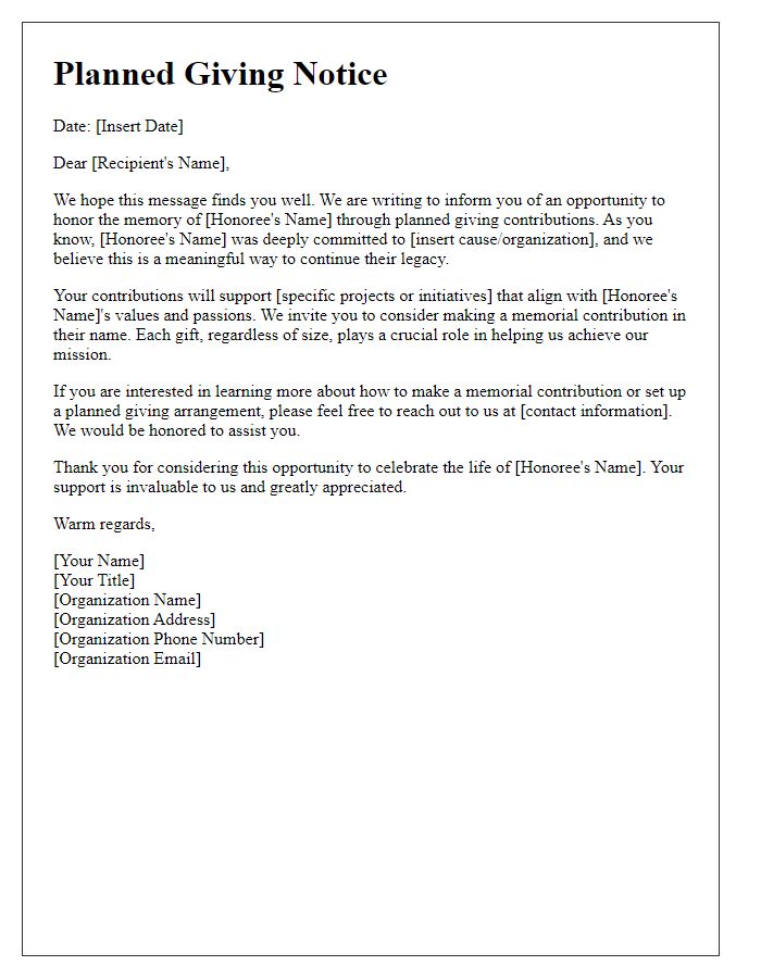 Letter template of planned giving notice for memorial contributions