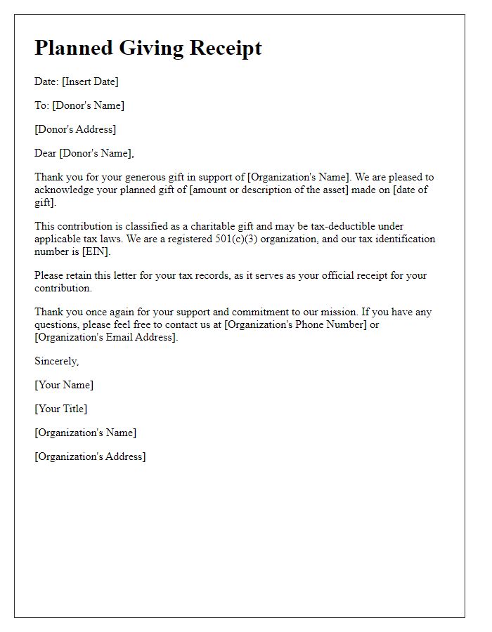 Letter template of planned giving receipt for tax purposes