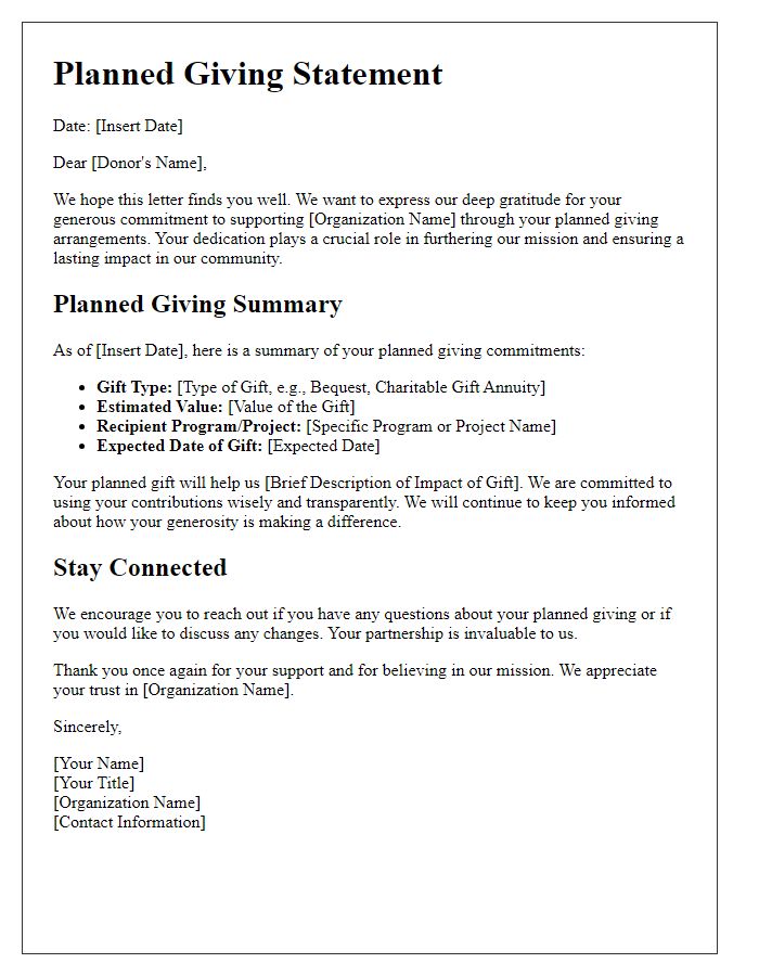 Letter template of planned giving statement for donor transparency