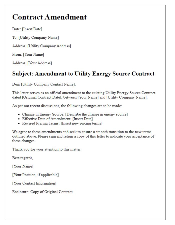 Letter template of utility energy source contract amendment