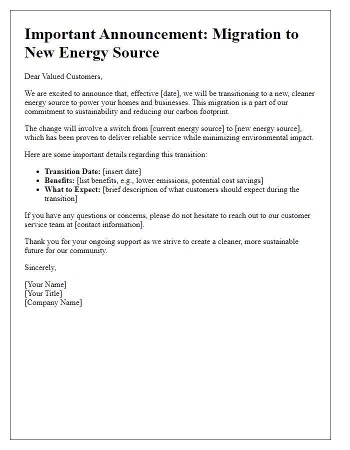 Letter template of utility energy source migration announcement