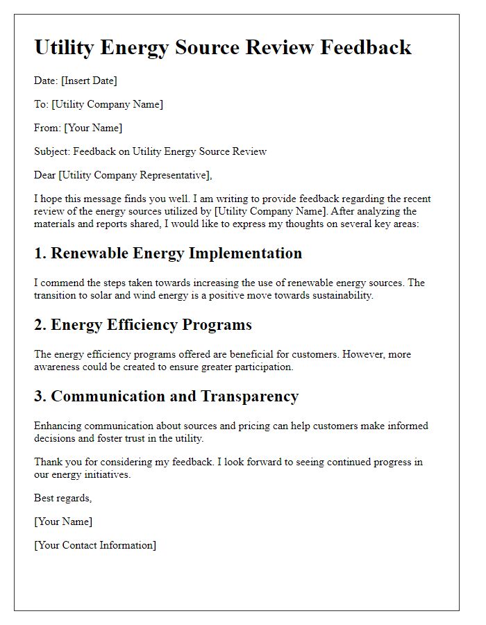 Letter template of utility energy source review feedback