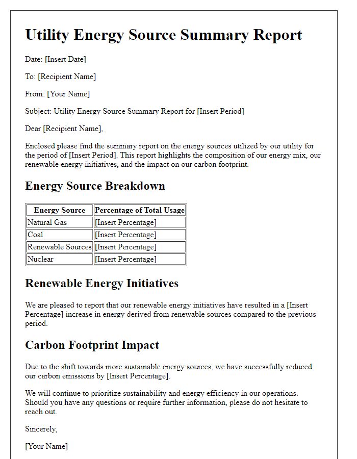 Letter template of utility energy source summary report