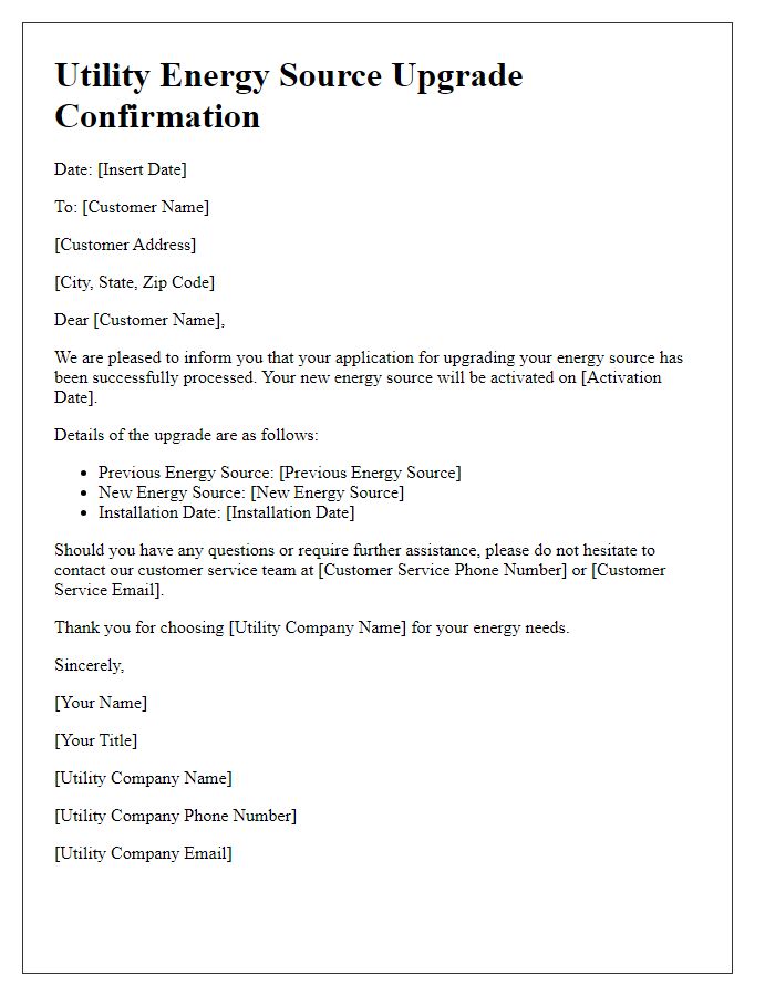 Letter template of utility energy source upgrade confirmation