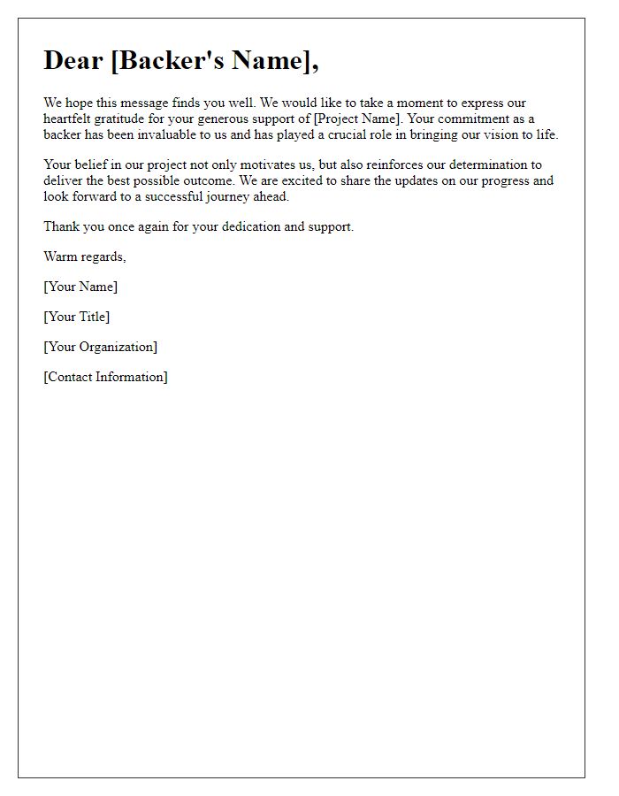 Letter template of acknowledgement for dedicated backers