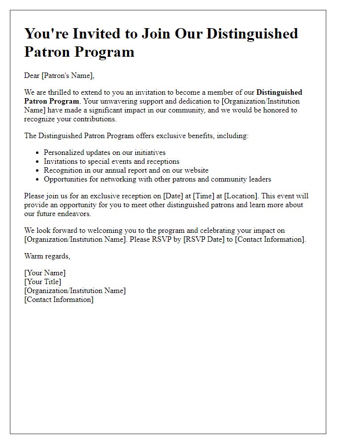 Letter template of distinguished patron program invitation.