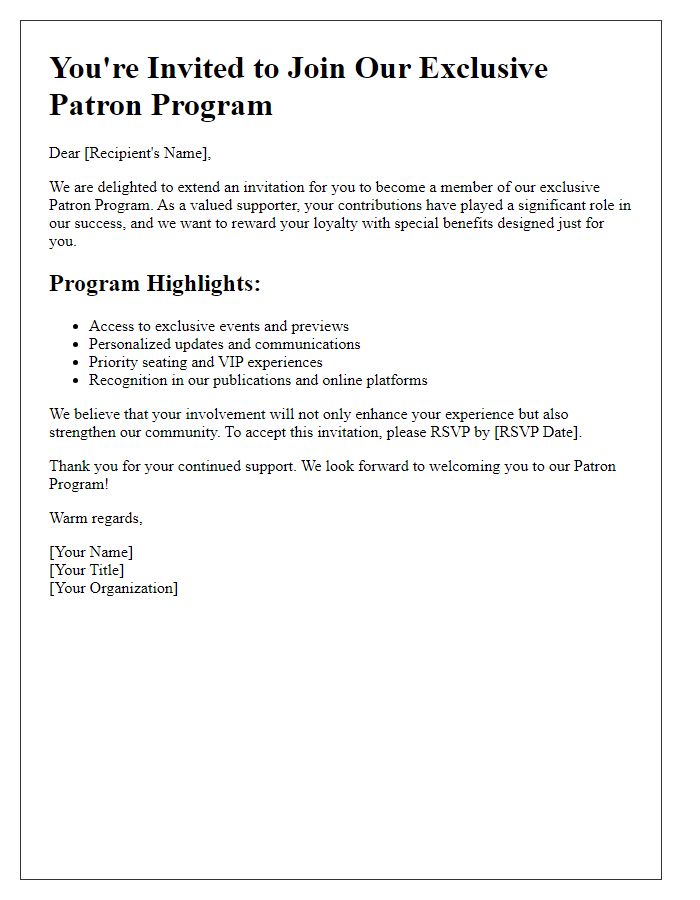 Letter template of exclusive patron program invitation.