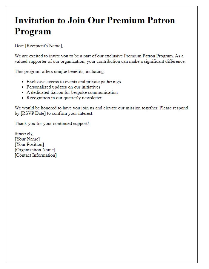 Letter template of premium patron program invitation.