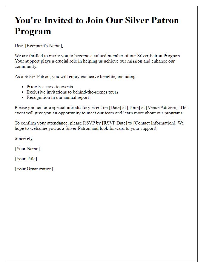 Letter template of silver patron program invitation.