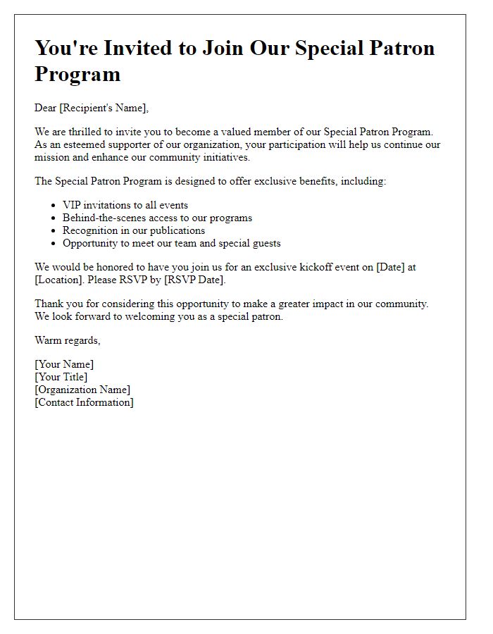 Letter template of special patron program invitation.