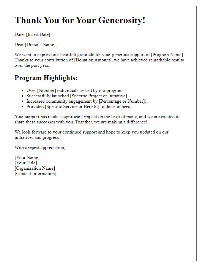 Letter template of donor acknowledgment showcasing program results.