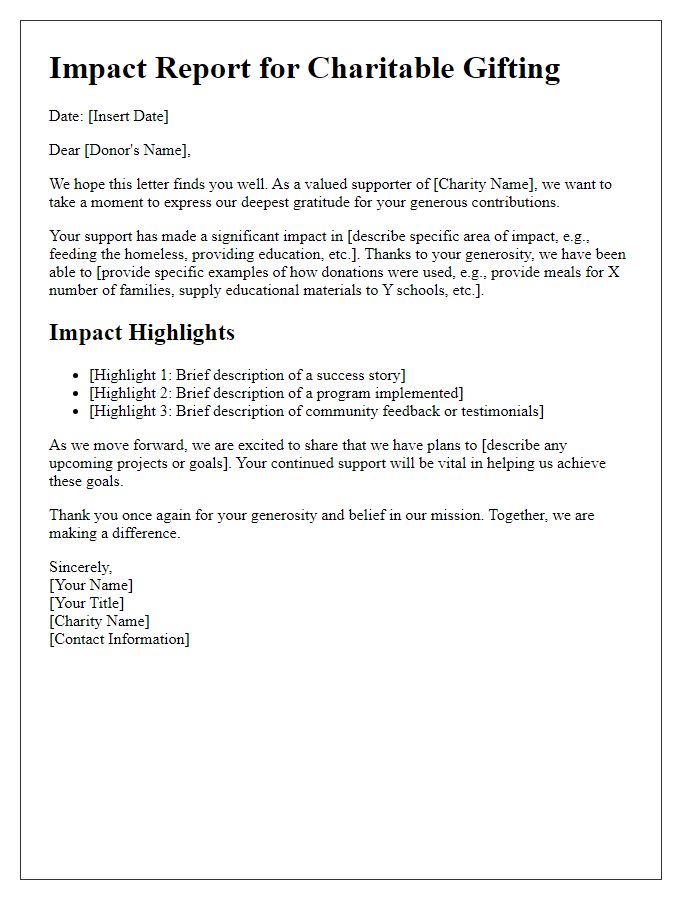 Letter template of impact report for charitable gifting.