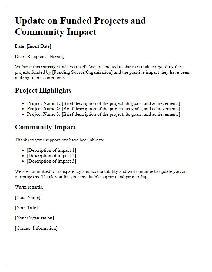 Letter template of update on funded projects and community impact.