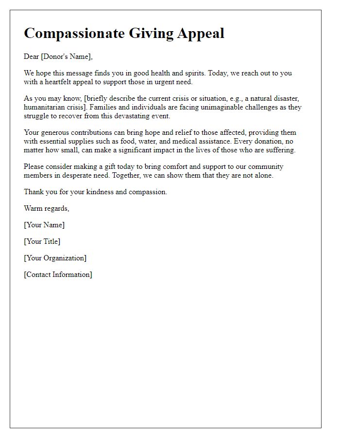 Letter template of compassionate giving appeal for urgent relief