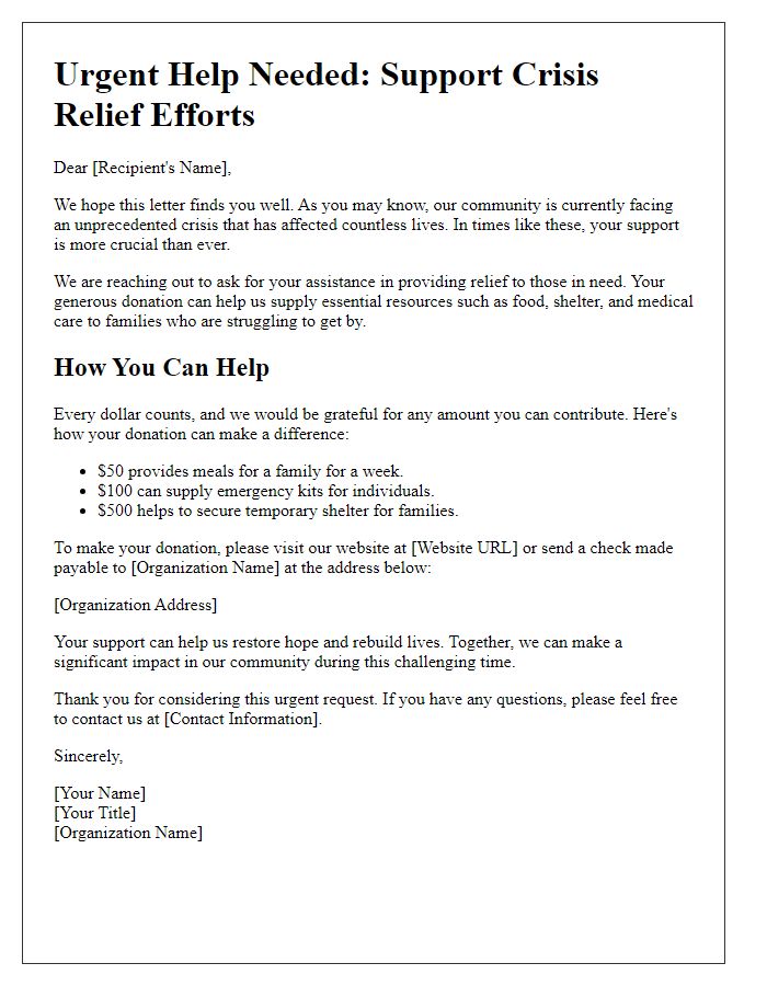 Letter template of crisis support donation solicitation