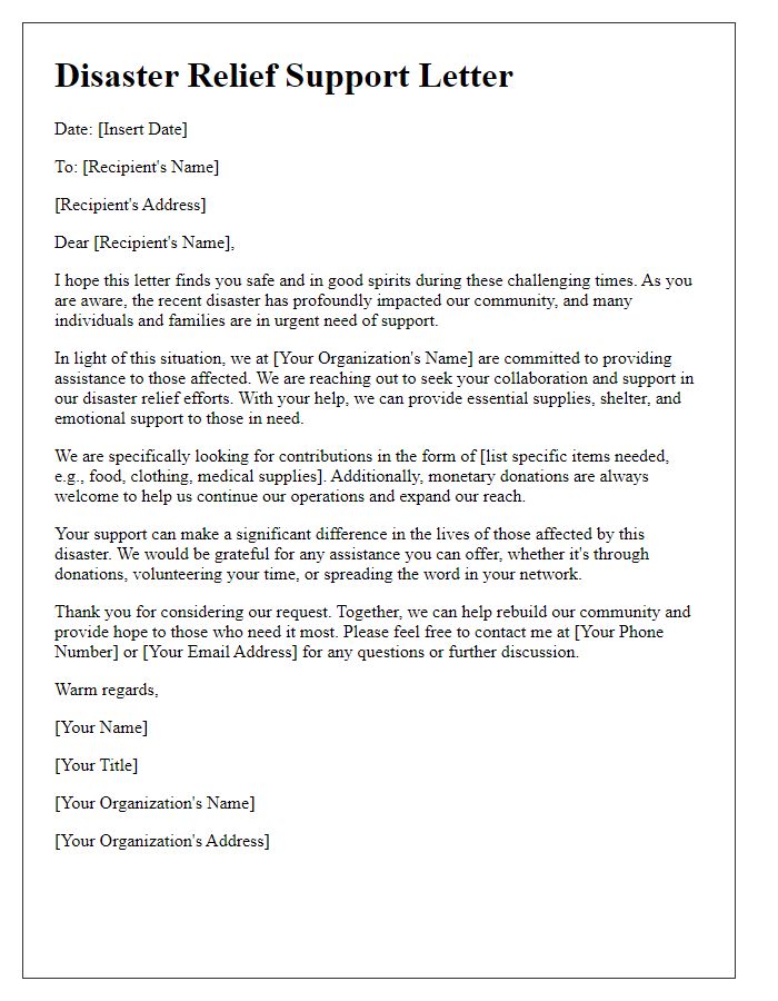 Letter template of disaster relief support letter