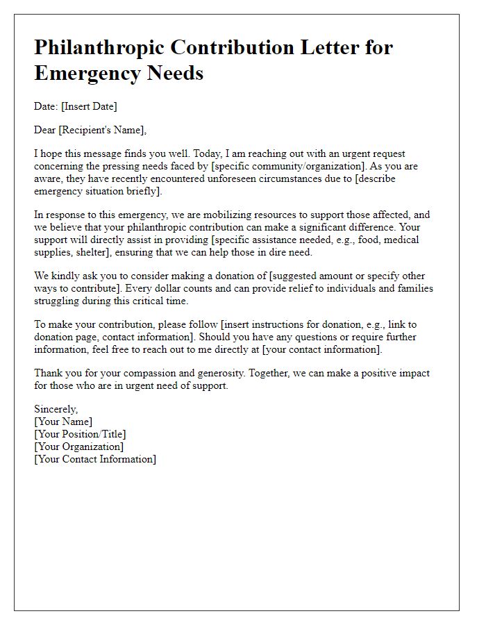 Letter template of philanthropic contribution for emergency needs