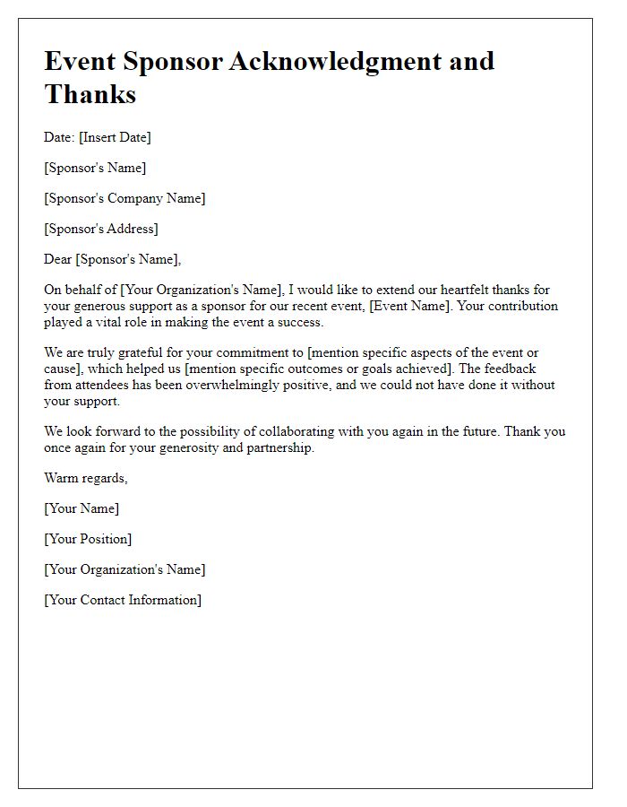 Letter template of Event Sponsor Acknowledgment and Thanks