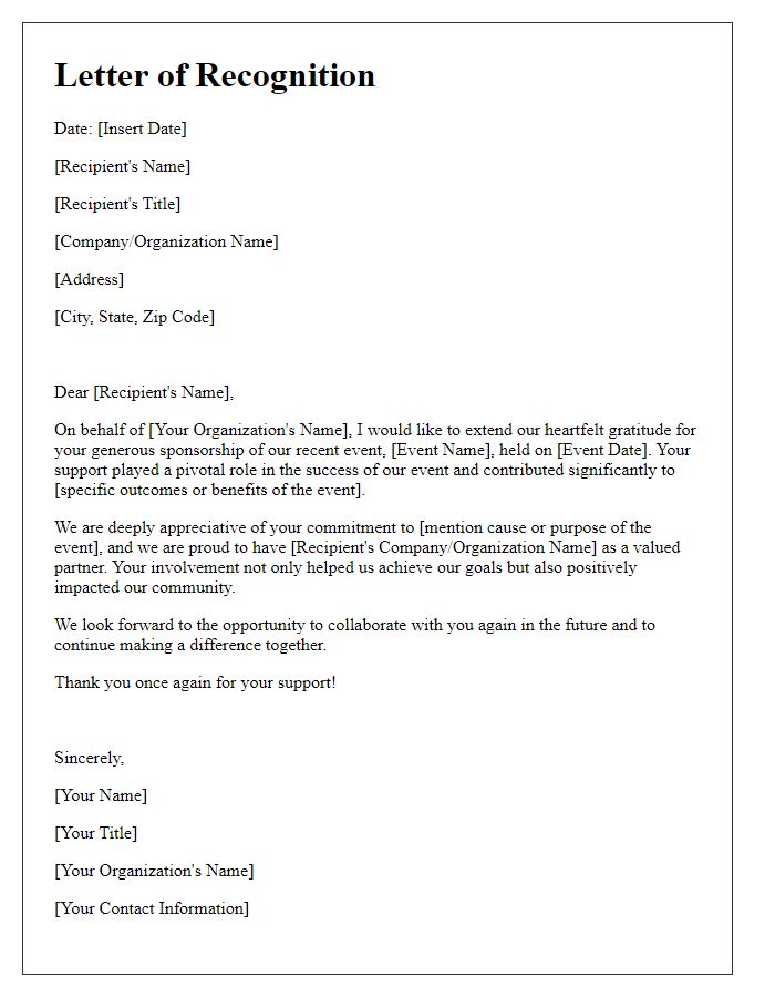 Letter template of Recognition for Sponsoring Our Event