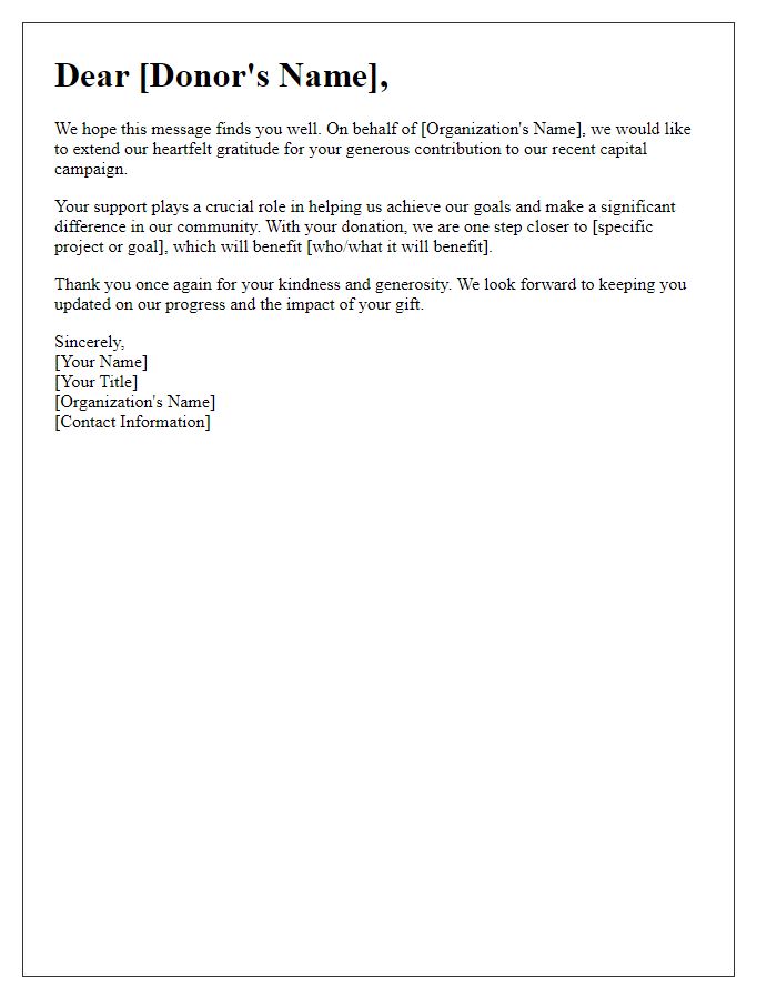 Letter template of appreciation for your generous capital campaign donation