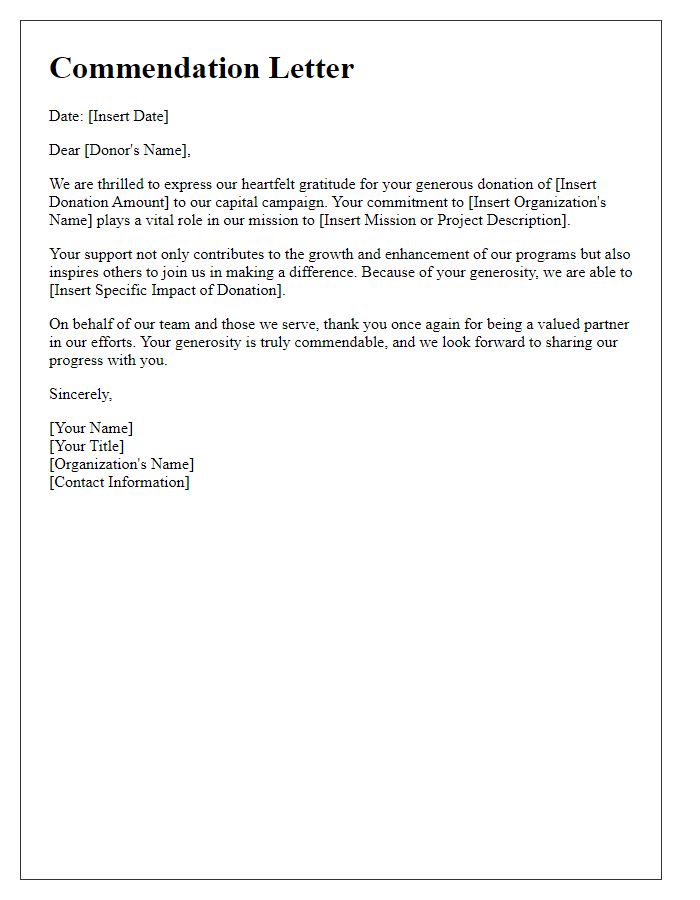 Letter template of commendation for your important capital campaign donation