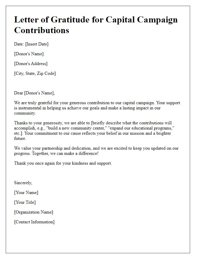 Letter template of gratitude for capital campaign contributions