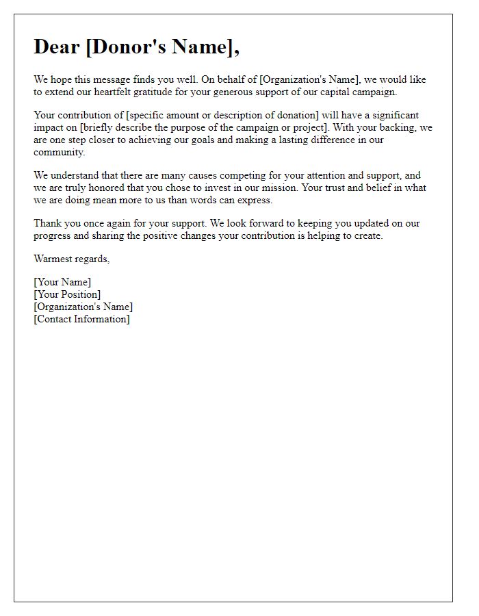 Letter template of sincerity in appreciation for capital campaign backing