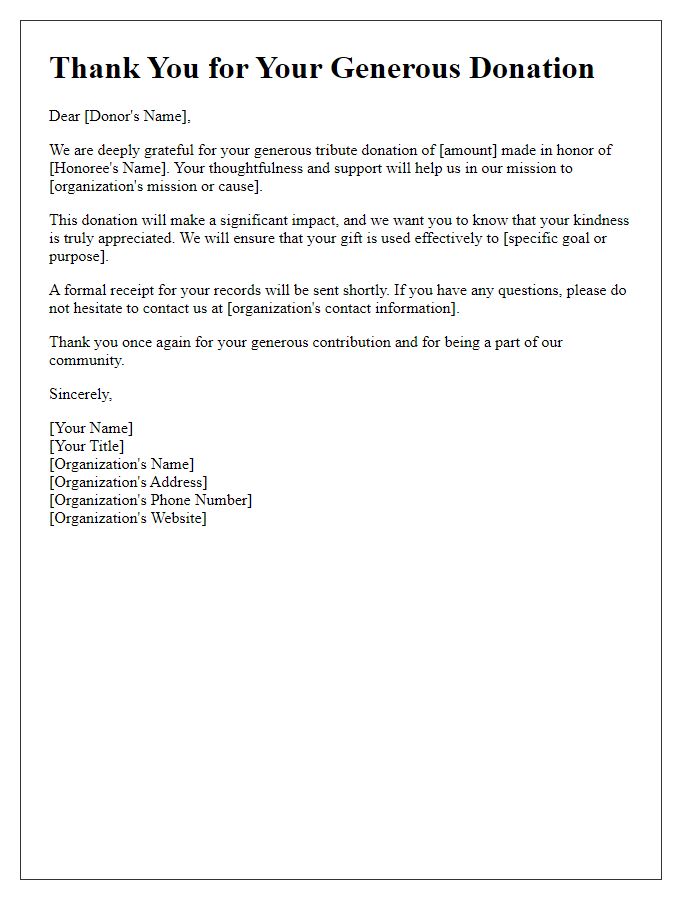 Letter template of tribute donation acknowledgment