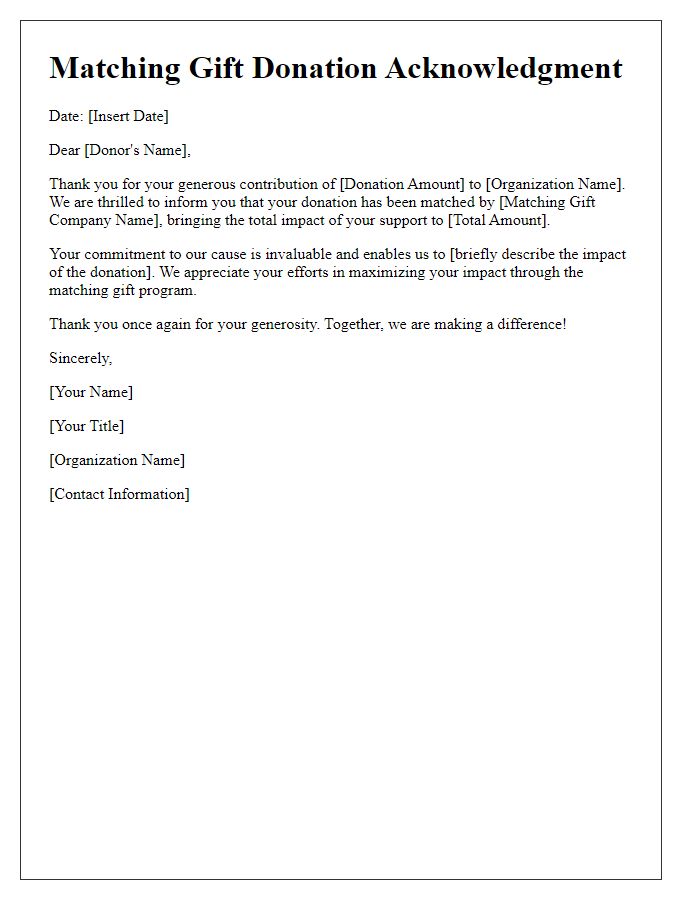 Letter template of acknowledgment for matching gift donation