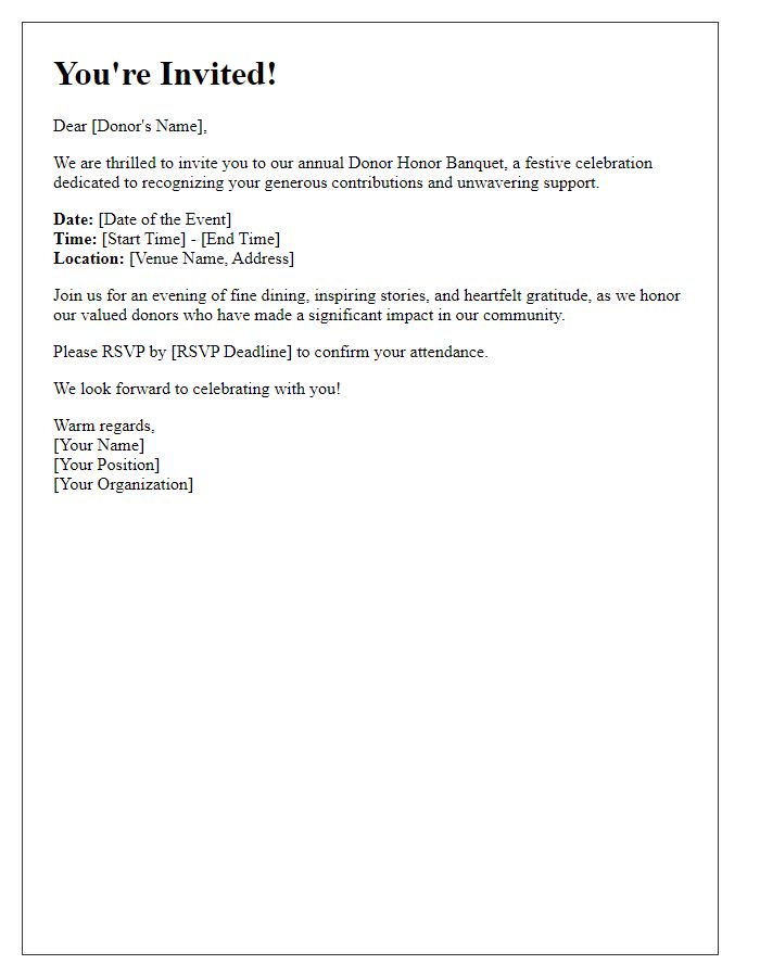 Letter template of festive invitation to donor honor banquet.