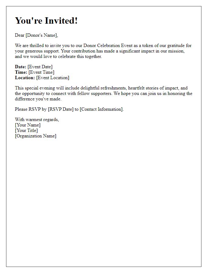 Letter template of warm invitation for donor celebration event.