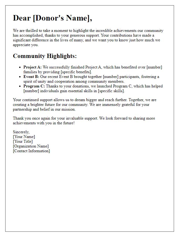 Letter template of highlighting community achievements thanks to donors