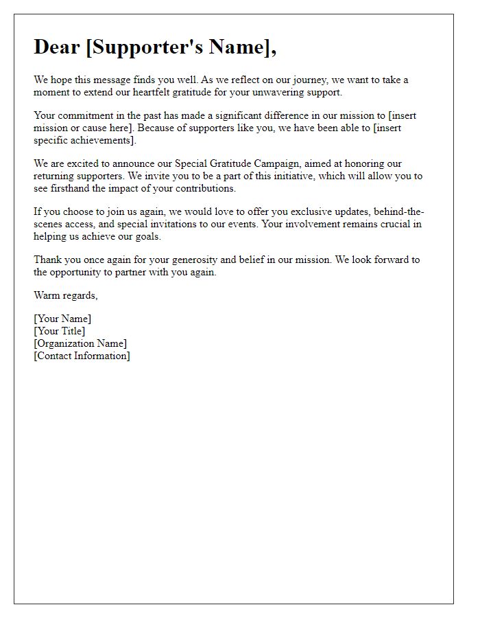 Letter template of a special gratitude campaign for returning supporters