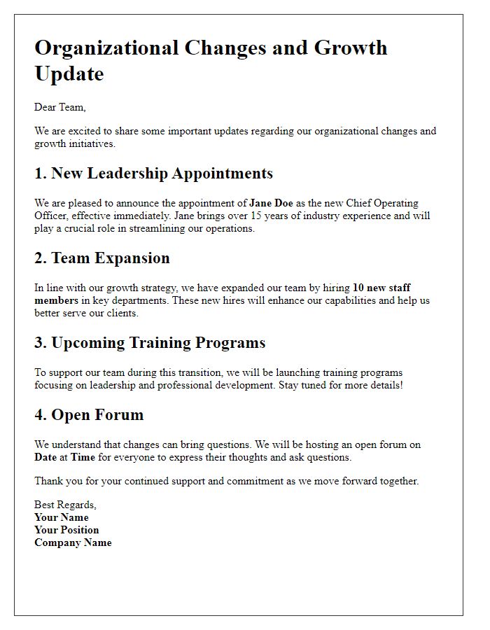 Letter template of updates on organizational changes and growth