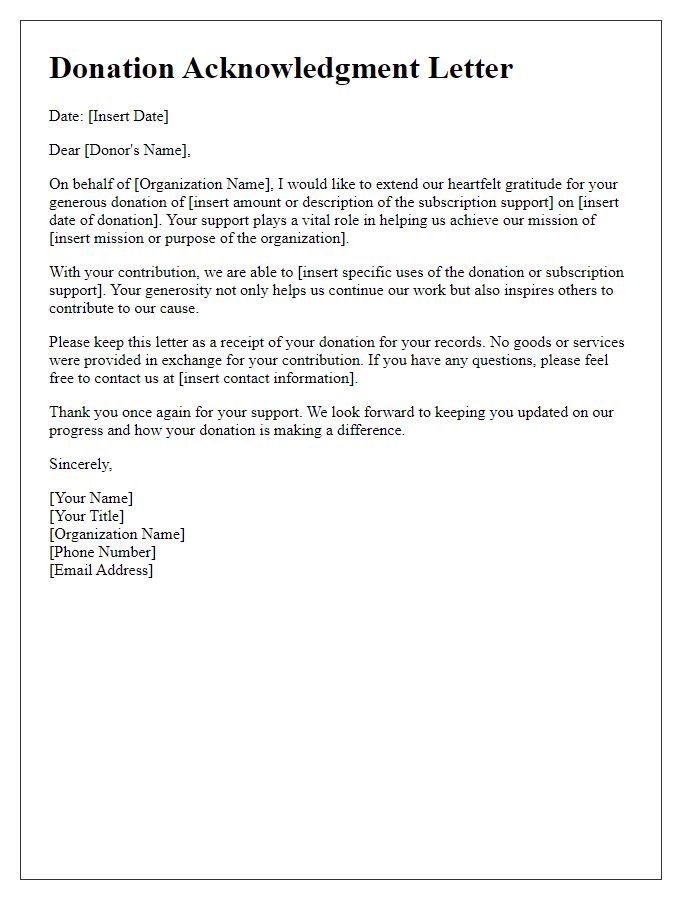 Letter template of acknowledgment for donor subscription support