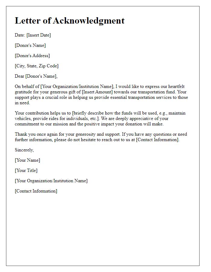 Letter template of acknowledgment for your transportation fund gift