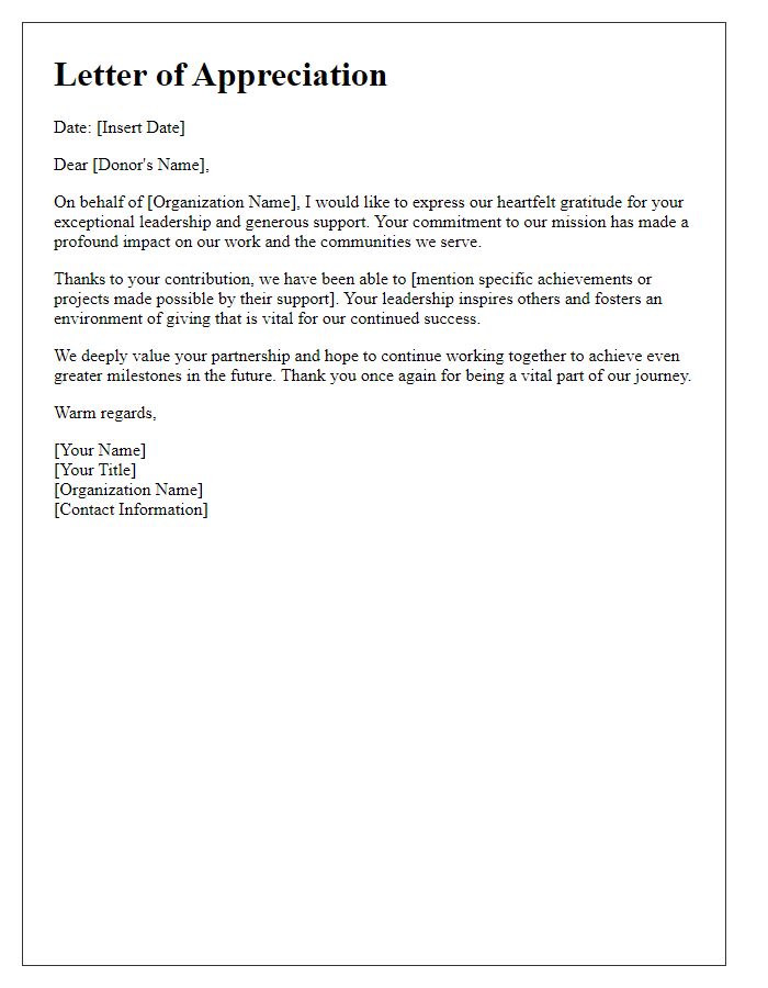 Letter template of Appreciation for Donor Leadership Support