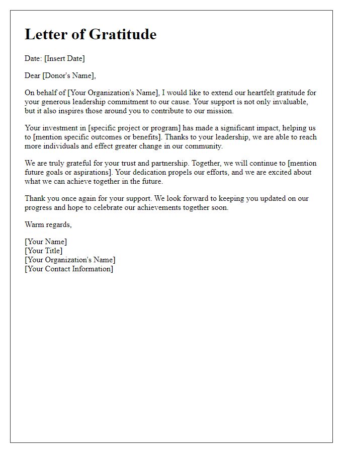 Letter template of Gratitude for Donor Leadership Commitment