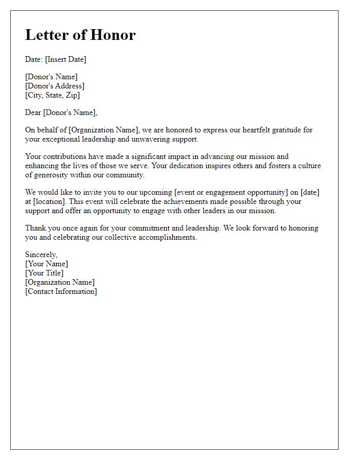 Letter template of Honor for Donor Leadership Engagement