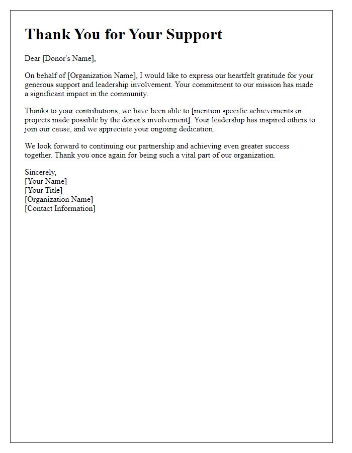 Letter template of Thanks for Donor Leadership Involvement